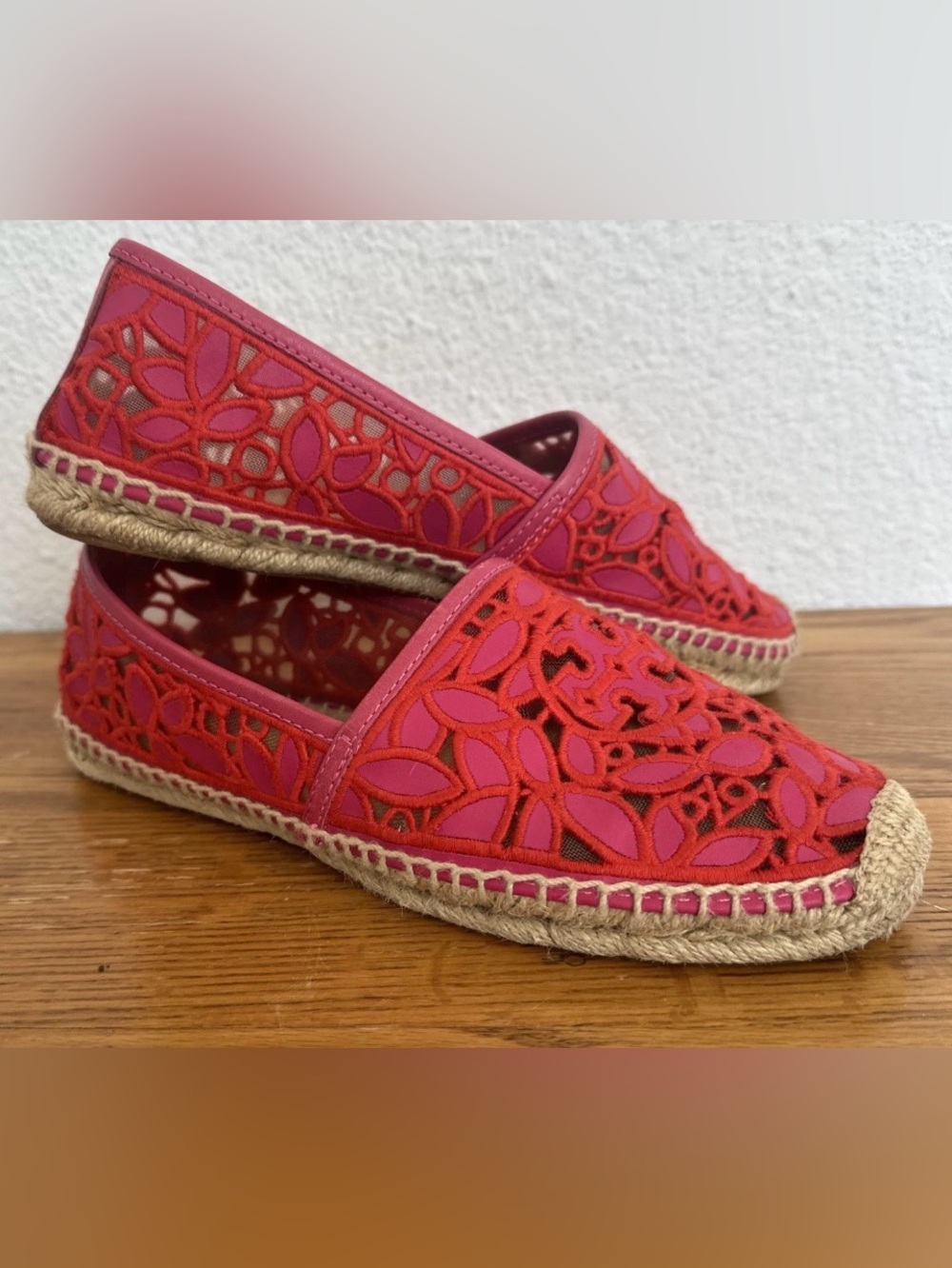 Tory Burch Pink Red Floral Cutout Espadrilles